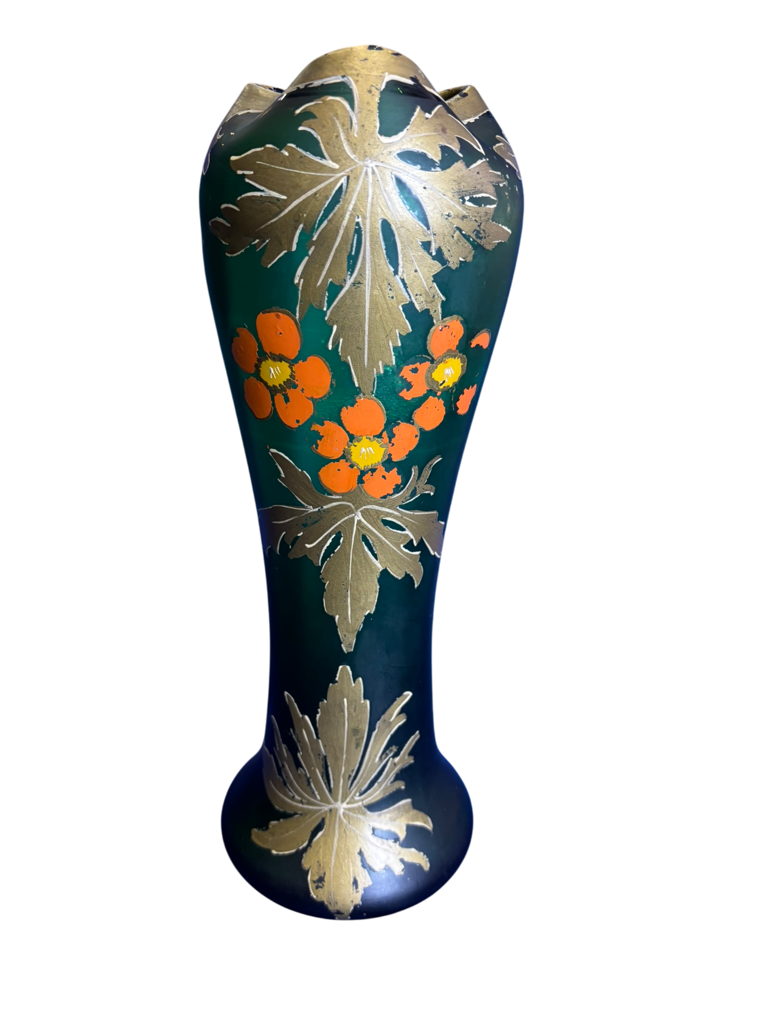 Vase vert fleur orange / Legras environ 32cm