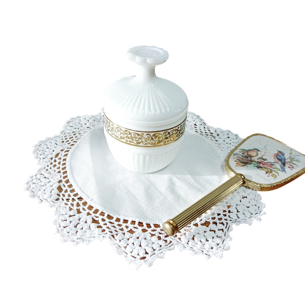 poudrier ancien en opaline doré