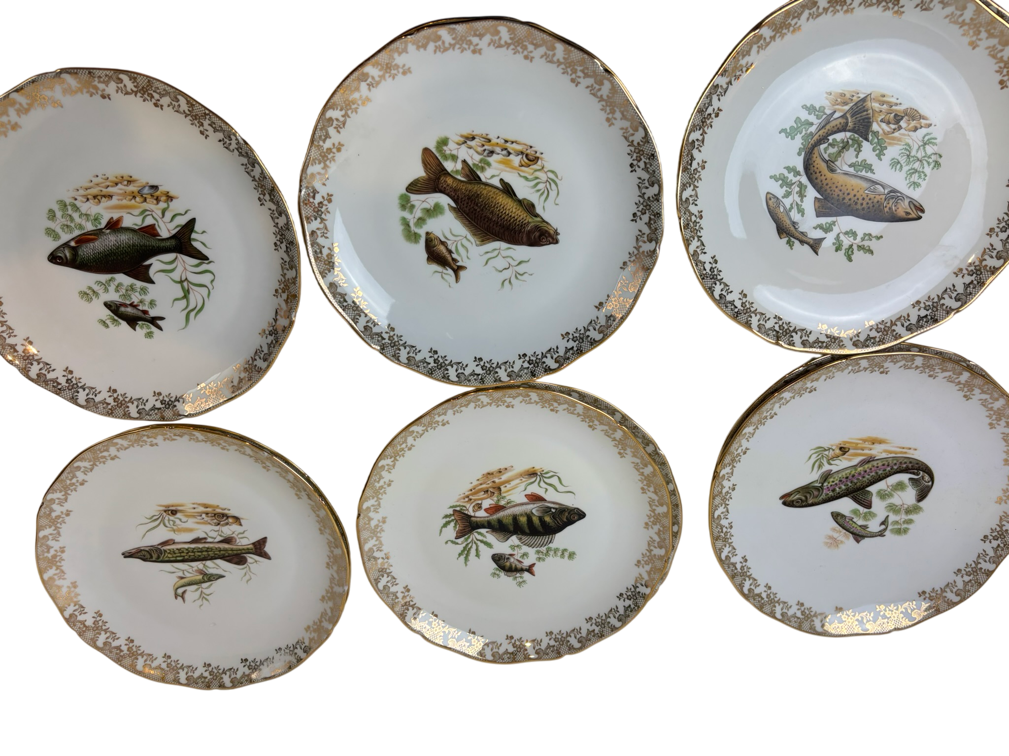 12 Assiettes en porcelaine décorées de poissons